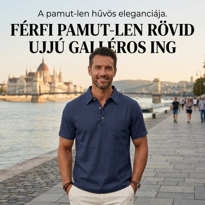 Férfi pamut-len rövid ujjú galléros ing