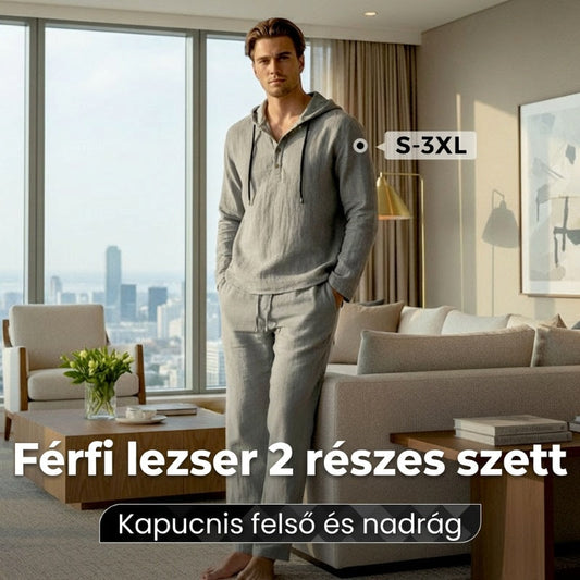Férfi kétrészes lenvászon szett, kapucnis felső és nadrágból áll