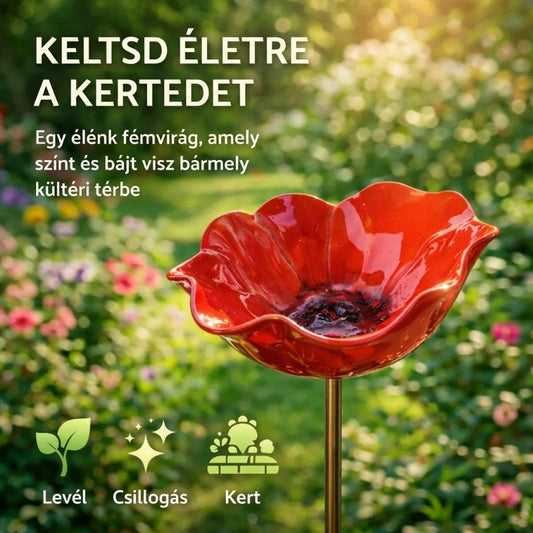 Dekoratív fém virágtartó – kerti díszként vagy madáretetőként is használható