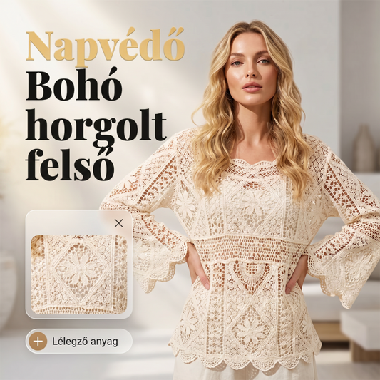 Lazulós stílusú horgolt, áttört napvédő pulóver