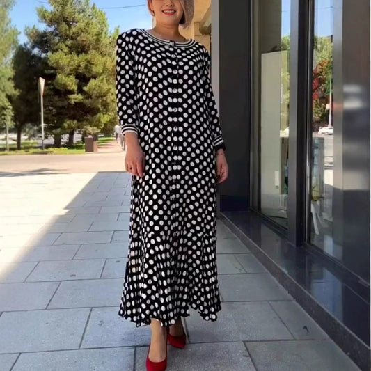 Női elegáns, hosszú ujjú, pöttyös ruha