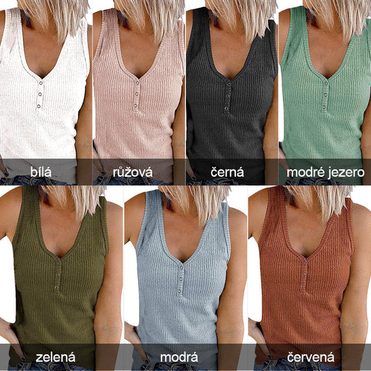 Női fél gomb egyszínű egyszínű ujjatlan Tank Top V nyakkivágással