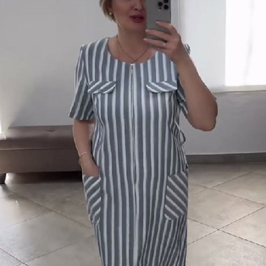 Női laza divat kerek nyakú csíkos ruha zsebekkel