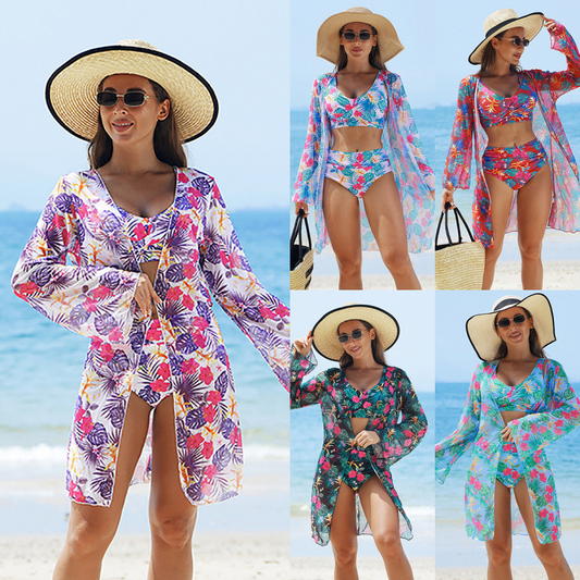 🌷 Női divat többszínű nyomtatott bikinis fürdőruha 3 részes készlet