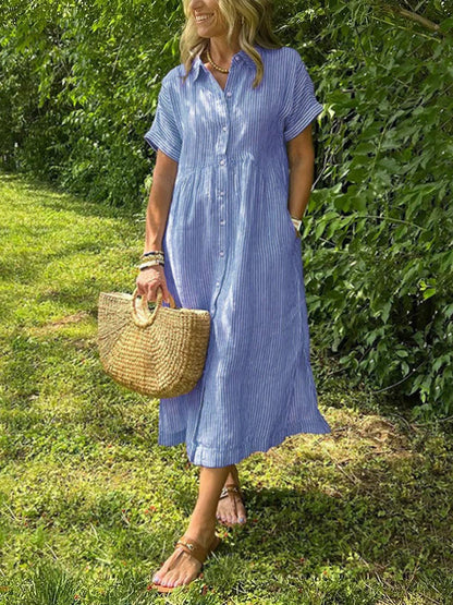 👗 Csíkos ing ruha zsebekkel, hajtókákkal és gombokkal