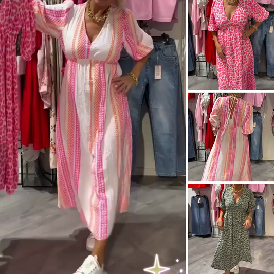 Női V-nyakú nyomtatott Boho ruha – könnyű és légáteresztő lenvászon anyagból