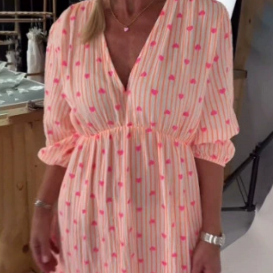 💖V-nyakú csíkos rövid ujjú ruha szív nyomtatással