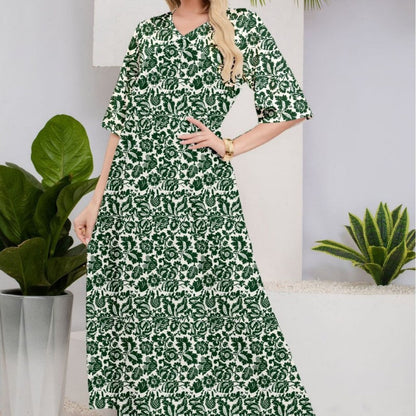 Elegant Retro Green Floral Pattern V-Neck Midi Sleeve Dress