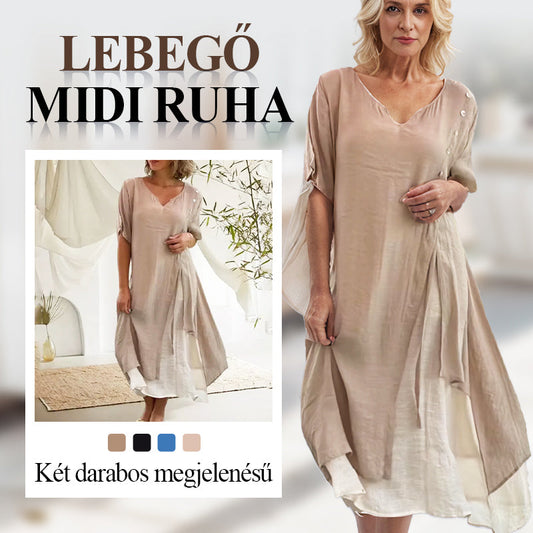 Két darabos megjelenésű, lebegő midi ruha