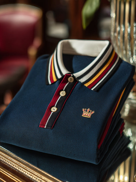 Retro royal stripe patchwork business rövid ujjú pólóing