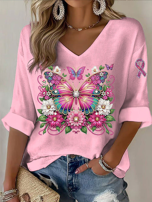 Női rózsaszín pillangó rhinestone v-nyak felső
