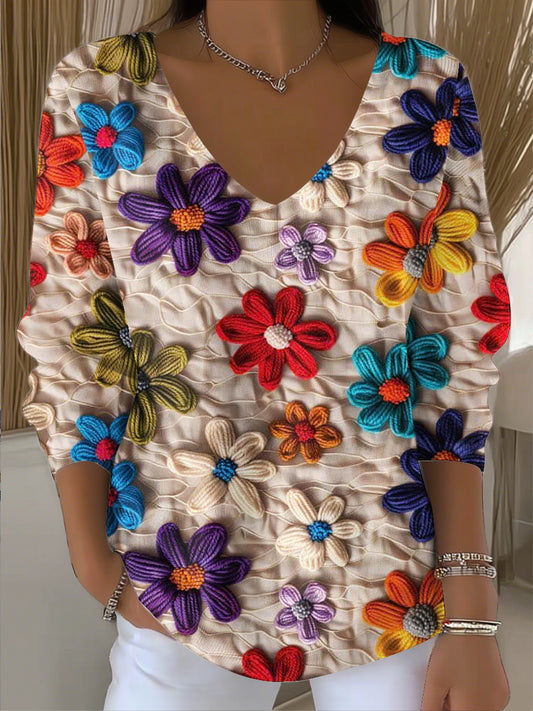 Női vintage virágos patchwork art v-nyak felső