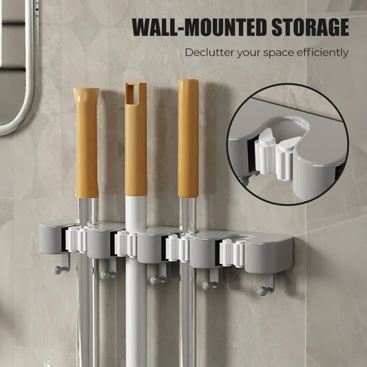 Fúrás nélküli, falra szerelhető akasztó, felmosók és seprűk számára