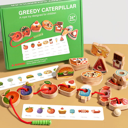 Oktatási játék - Fából készült éhes hernyó kötéljáték (3 éves kortól alkalmas)