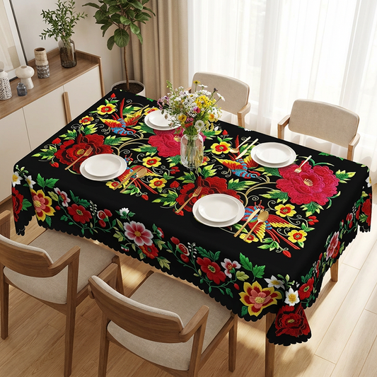 Luxus, színes szövésű jacquard asztalterítő, hullámos szegéllyel