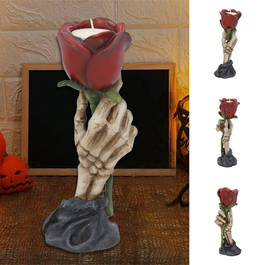 Csontváz kéz rózsa oszlopos gyertyatartó