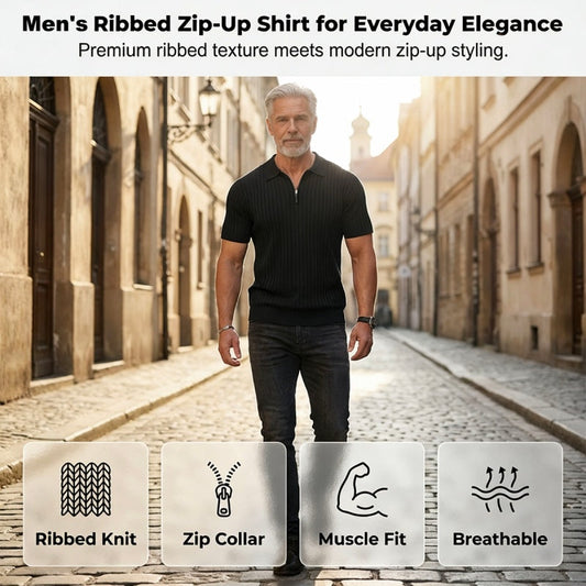 Férfi rövid ujjú, bordás galléros, cipzáras kötött ing