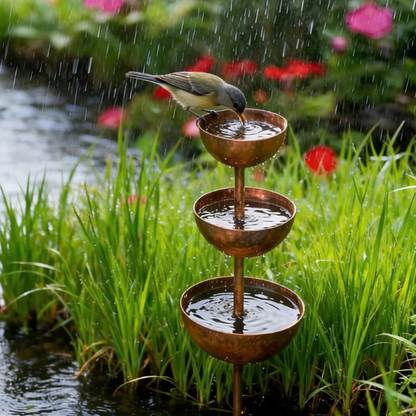 🐦Háromszintes, rusztikus fém madáretető és itató karó