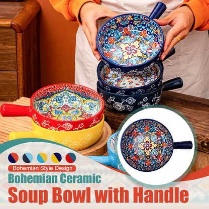 Bohemian Ceramic Soup Bowl with Handle