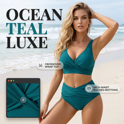 👙 Damski komplet bikini z marszczonymi elementami i wysokim stanem – model wyszczuplający brzuch, top z wycięciami, rozmiary S–2XL – płatność przy odbiorze ✨