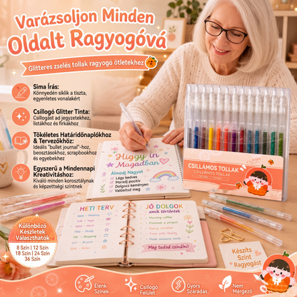 ✨ Visszahúzható, csillámporos gél tollkészlet naplóíráshoz és rajzoláshoz