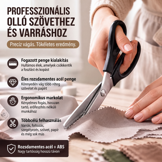 ✂️ Többfunkciós fogazott olló – több rétegű szövetet is elvág, és fogazott mintát vág ki