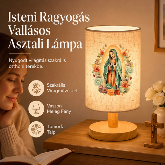 🌙 Szűz Mária mintás fa asztali lámpa