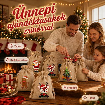 🎅 Zsinórral zárható karácsonyi zsákvászon ajándékzsákok
