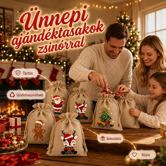 🎅 Zsinórral zárható karácsonyi zsákvászon ajándékzsákok