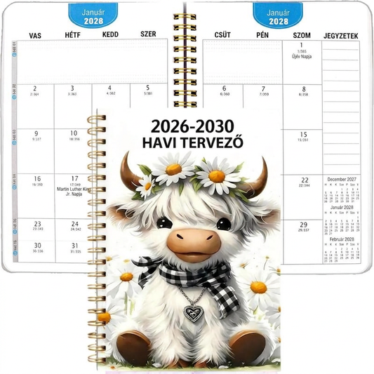 📚 2026-2030 havi tervező, aranyos skót felföldi marhával