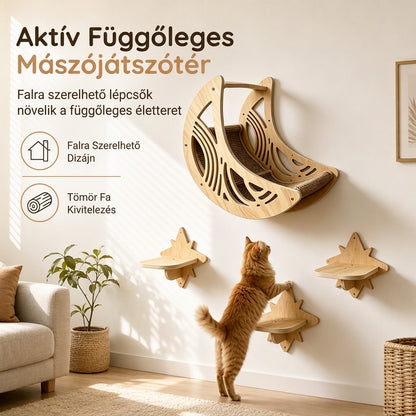 🐱 Falon szerelhető fából készült mászókeret készlet házzal és 3 ugrálólépcsővel, natúr fa kisállatbútor