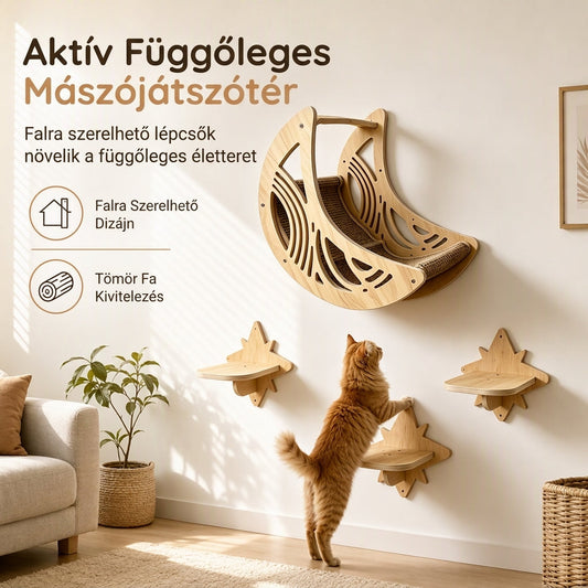 🐱 Falon szerelhető fából készült mászókeret készlet házzal és 3 ugrálólépcsővel, natúr fa kisállatbútor