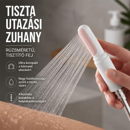 🚿 Hordozható utazó zuhanyfej szűrővel, teleszkópos rúzs formatervezéssel