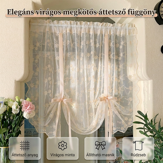 🏠 Könnyű, áttetsző csipkefüggöny, virághímzéssel és masnival díszítve