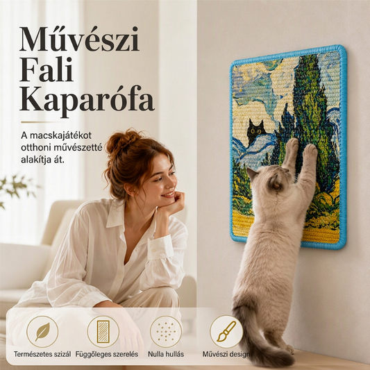 🖼️ Fali rögzítésű, művészi szizál macskakaparó