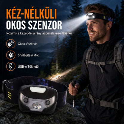 💡 Okos érzékelős fejlámpa: Kéz nélküli használat, 5 világítási mód, USB-ről tölthető, IPX4