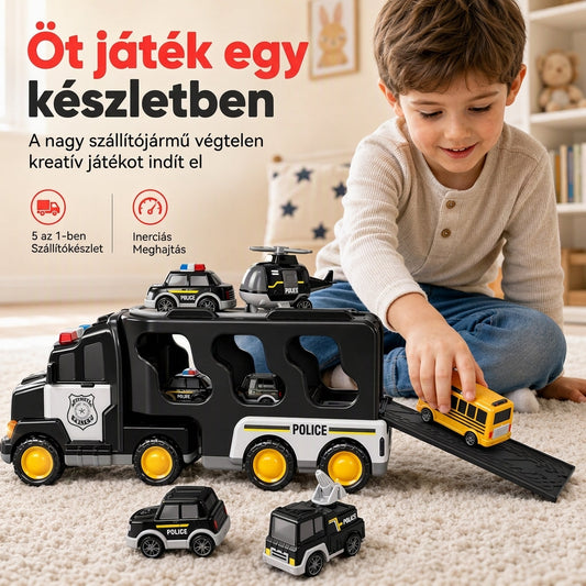 🚗 Gyermekeknek szánt inerciális játék kamionkészlet, 1 nagy tárolásra alkalmas szállítójárművel és 6 kisautóval