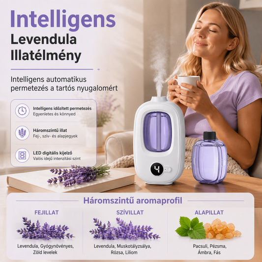 🌿 Intelligens illatdiffúzor – 8 illatfajta, 4 fokozatú szabályozás, éjszakai világítás funkció