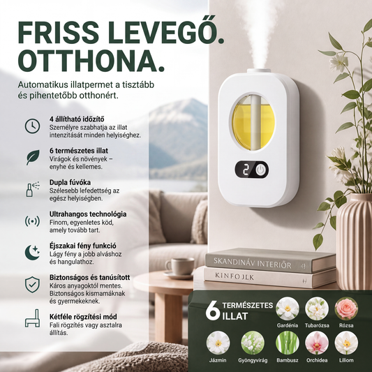 🌿 Intelligens illatdiffúzor – 8 illatfajta, 4 fokozatú szabályozás, éjszakai világítás funkció