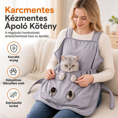 🐱✂️ Kézre nem szoruló macskaápolási kötény – ölelő tasak lábrésekkel