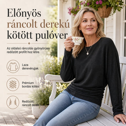 👚 Női, alkalmi, bő fazonú, kerek nyakkivágású, hosszú ujjú kötött pulóver, leeső vállú denevérujj kialakítással és oldalán ráncolt dizájnnal
