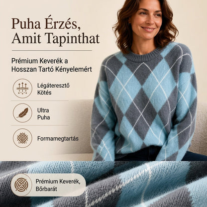 🥰 Női retro rombuszmintás, kényelmes kötött pulóver