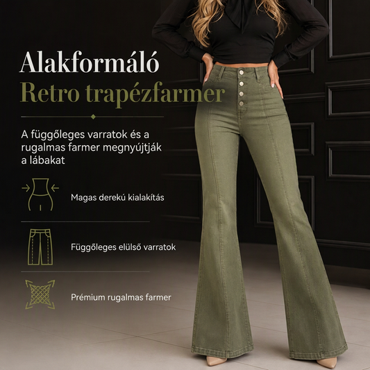 🌷 Női olajzöld, magas derekú, több gombos, harangszárú farmer
