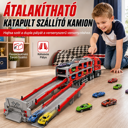 🚚 Transzformáló teherautós játék – 207 cm-es katapultpálya és mini fémjárművek