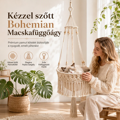 😽 Boho stílusú, rojtos, függeszthető macskafekhely beltéri használatra