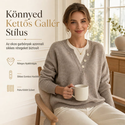 💓 Alkalmi, kétrészes V-nyakú kötött pulóver gombokkal díszítve
